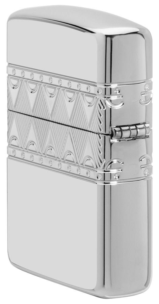 Angled view of ArmorÂ® Sterling Silver Diamond Pattern Design Windproof Lighter, showing the back and hinge side of the lighter.