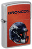 Front shot of NFL Denver Broncos Helmet Street Chrome Windproof Lighter standing at a 3/4 angle.
