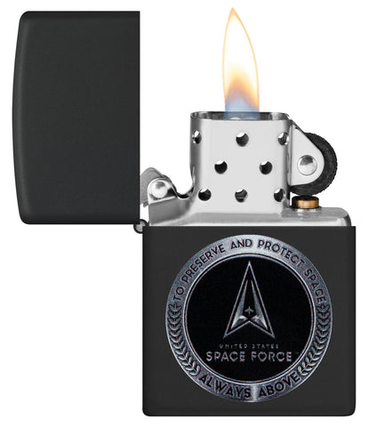 Zippo U.S. Space Force Design Black Matte Windproof Lighter with its lid open and lit.