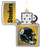 NFL Pittsburgh Steelers Helmet Street Chrome Windproof Lighter with its lid open and lit.