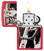 Zippo Skull King Queen Beauty Red Matte Windproof Lighter with its lid open and lit.