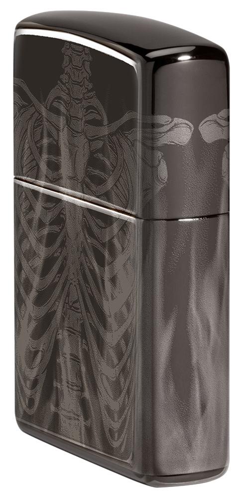 Rib Cage Design High Polish Black Windproof Lighter standing at an angle, showing the front and right side of the lighter.
