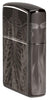 Rib Cage Design High Polish Black Windproof Lighter standing at an angle, showing the front and right side of the lighter.