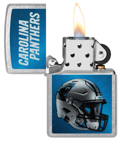 NFL Carolina Panthers Helmet Street Chrome Windproof Lighter with its lid open and lit.