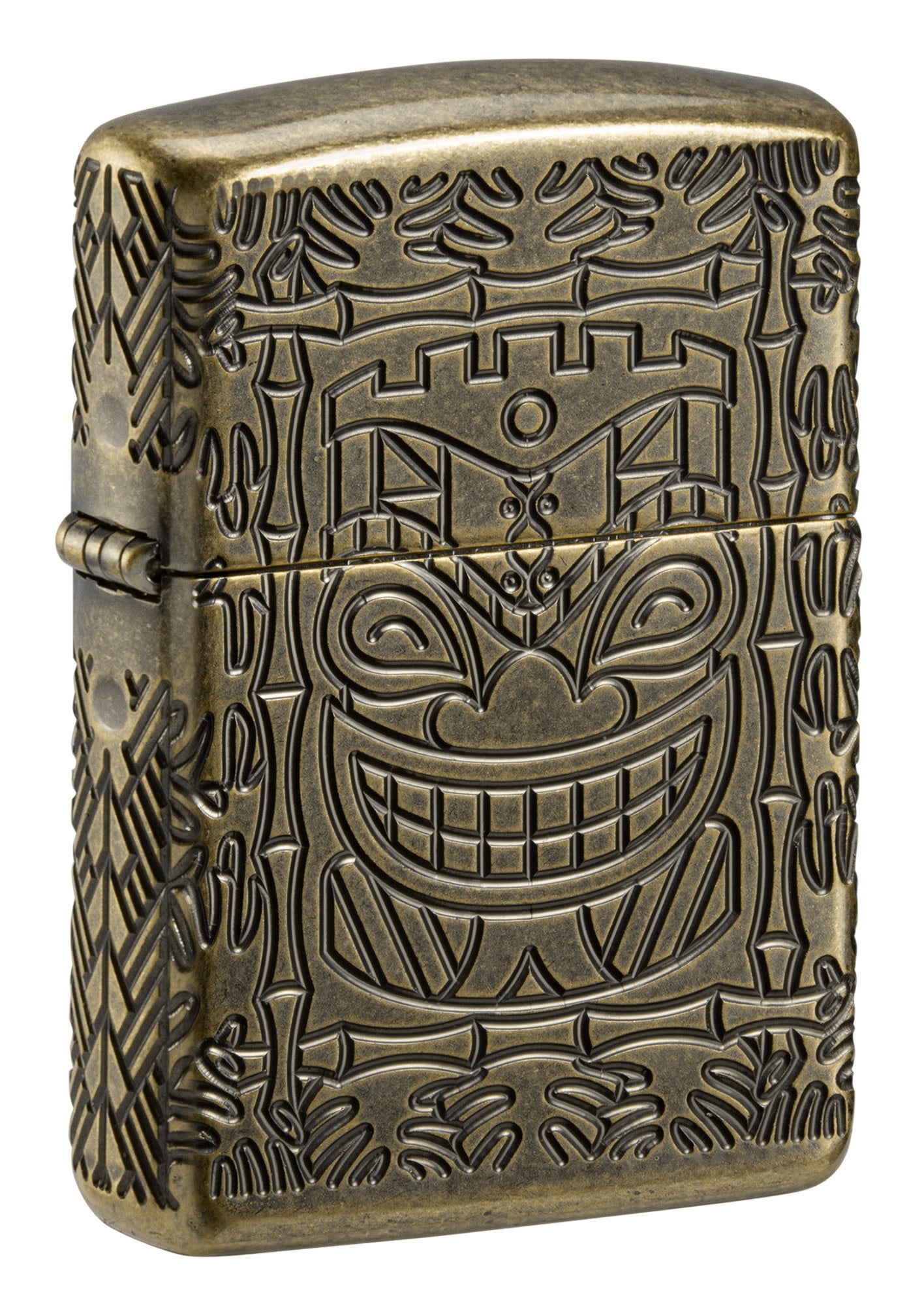 Front view of Tiki Design ArmorÂ® Antique Brass Windproof Lighter standing at a 3/4 angle.
