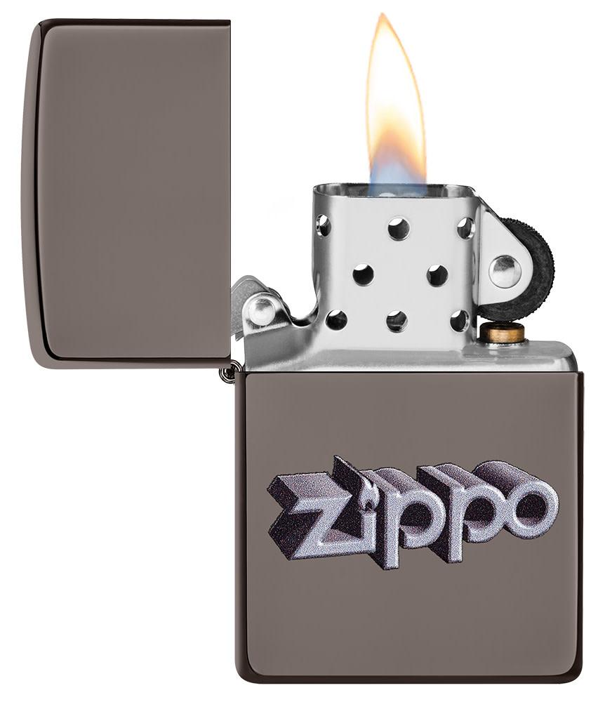 Zippo 3D Logo Design Black IceÂ® Windproof Lighter with its lid open and lit