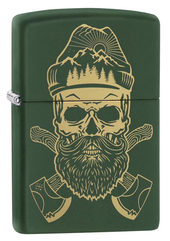 Front view of Outdoor Skull Design Green Matte Windproof Lighter standing at a 3/4 angle