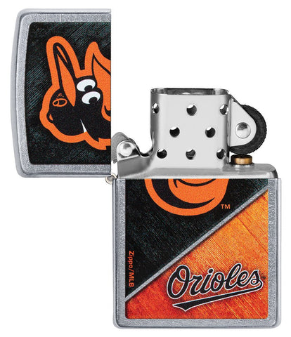 MLB® Baltimore Orioles™ Street Chrome™ Windproof Lighter with its lid open and unlit.