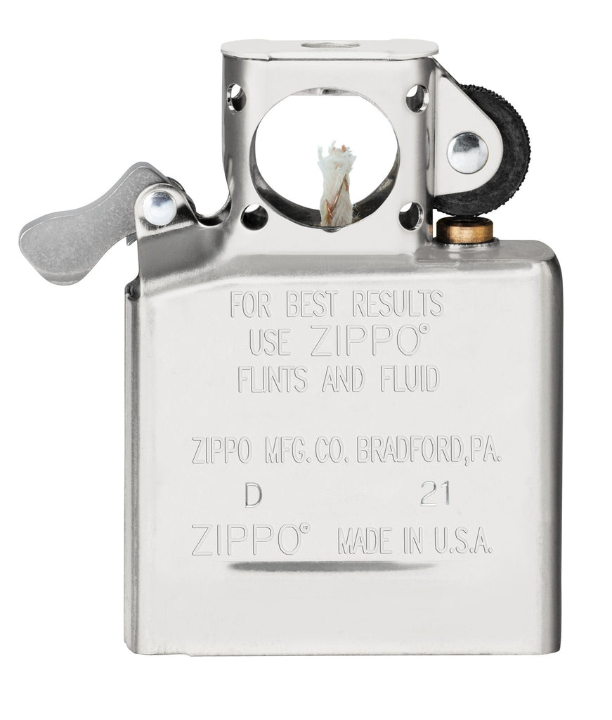 Zippo Stainless Steel Pipe Insert standing at an angle, showing the front and right side of the insert.