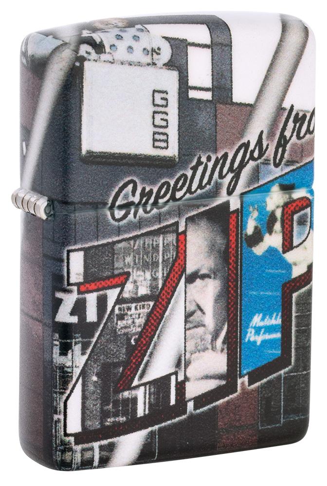 Front shot of Greetings from Zippo 540 Color Windproof Lighter standing at a 3/4 angle