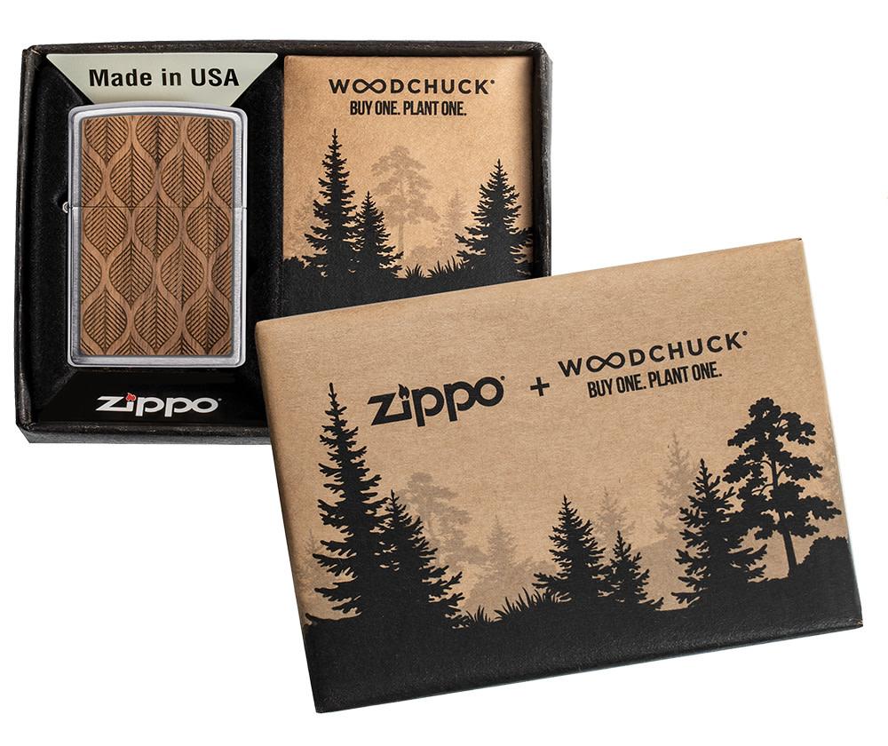 WOODCHUCK USA Walnut Leaves Two-Sided Emblem Windproof Lighter in its packaging.