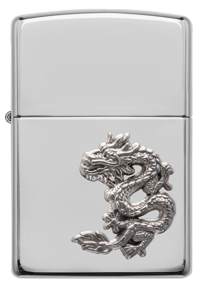 Front view of ArmorÂ® Chinese Dragon Sterling Silver Emblem Windproof Lighter.
