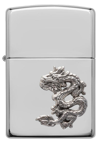 Front view of ArmorÂ® Chinese Dragon Sterling Silver Emblem Windproof Lighter.