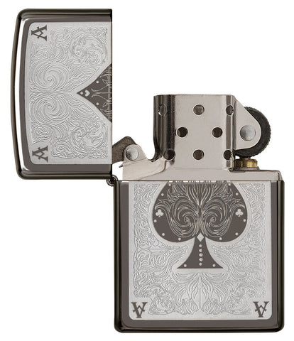 Ace Filigree Engraved Windproof Lighter with its lid open and unlit.
