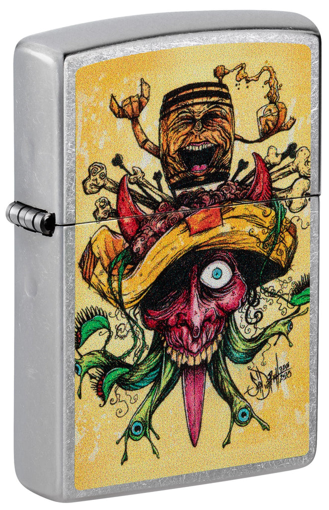 Front shot of Zippo Sean Dietrich Devil Bull Design Street Chrome Pocket Lighter standing at a 3/4 angle.