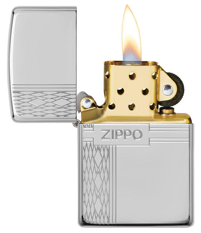 Armor® Sterling Silver Zippo Diamond Design Windproof Lighter with its lid open and lit