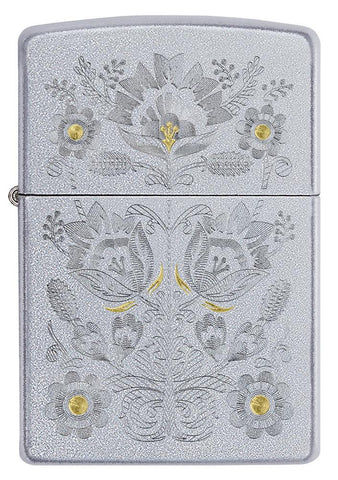 Front of Painted Floral Satin Chrome Windproof Lighter