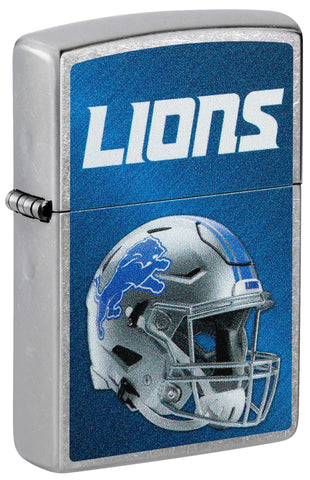 Front shot of NFL Detroit Lions Helmet Street Chrome Windproof Lighter standing at a 3/4 angle.