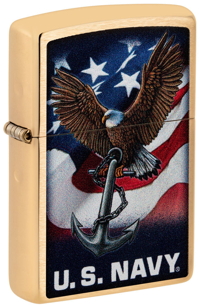 Front shot of Zippo U.S. Navy Eagle Anchor & Flag Brushed Chrome Windproof Lighter standing at a 3/4 angle.