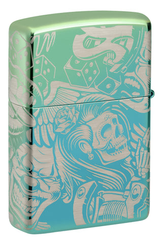 Back shot of Laser 360° Tattoo Theme Design High Polish Teal Windproof Lighter standing at a 3/4 angle.