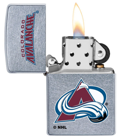 NHL Colorado Avalanche Street Chrome™ Windproof Lighter with its lid open and lit