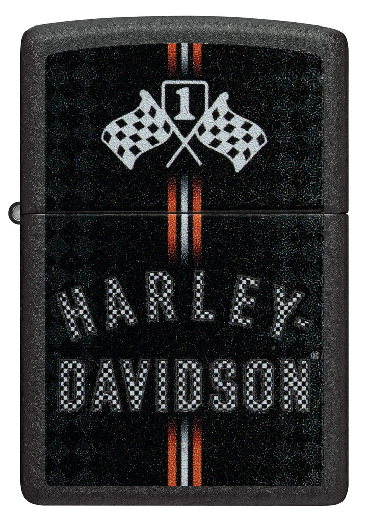 Front view of Zippo Harley-Davidson Checkered Flags Design Black Crackle Windproof Lighter.