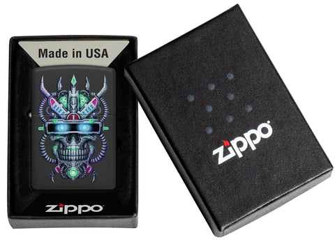 Zippo Cyber Skull Design Black Matte Windproof Lighter in its packaging.