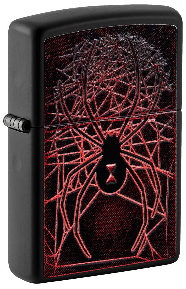 Front shot of Spider Design Texture Print Black Matte Windproof Lighter standing at a 3/4 angle.
