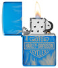 Harley-Davidson 360° Flames High Polish Blue Windproof Lighter with its lid open and lit.