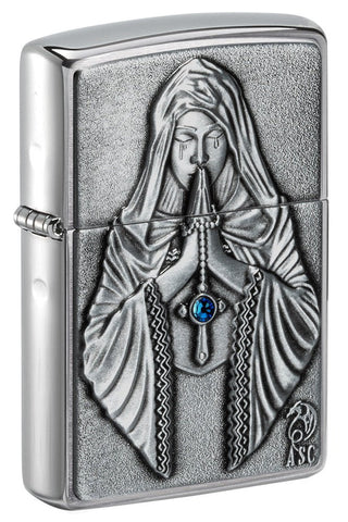 Front shot of Anne Stokes Gothic Prayer Emblem Brushed Chrome Windproof Lighter standing at a 3/4 angle.