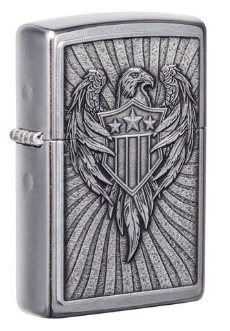 Front shot of Eagle Shield Emblem Design Street Chrome™ Windproof Lighter standing at a 3/4 angle
