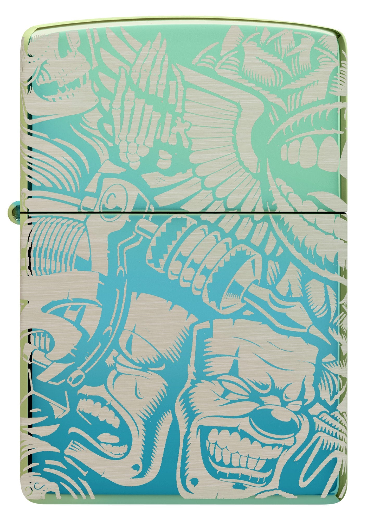 Front shot of Laser 360Â° Tattoo Theme Design High Polish Teal Windproof Lighter.