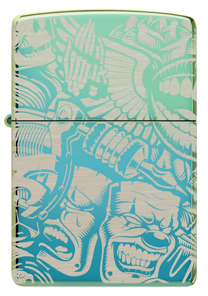Front shot of Laser 360Â° Tattoo Theme Design High Polish Teal Windproof Lighter.