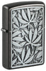 Front shot of Cannabis Emblem Design Grey Windproof Lighter standing at a 3/4 angle