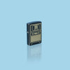 Glamour shot of Zippo Vintage TV Design Black Matte Windproof Lighter standing in a blue scene.