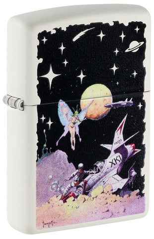 Front shot of Frank Frazetta Fairy Spaceship White Matte Windproof Lighter standing at a 3/4 angle.