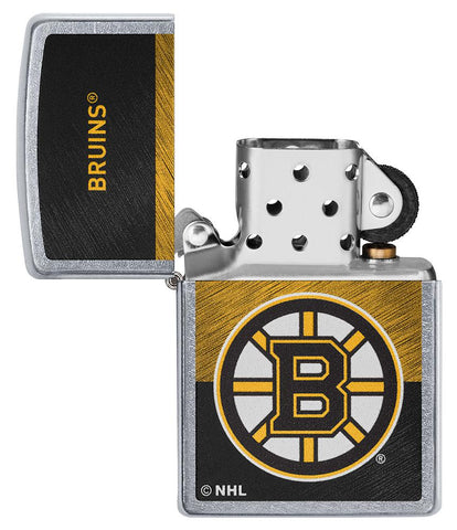 NHL® Boston Bruins Street Chrome™ Windproof Lighter with its lid open and unlit