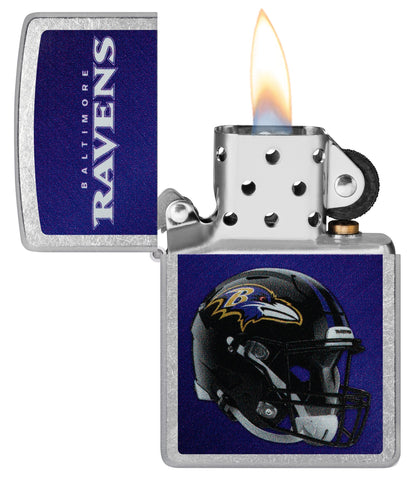 NFL Baltimore Ravens Helmet Street Chrome Windproof Lighter with its lid open and lit.