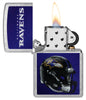 NFL Baltimore Ravens Helmet Street Chrome Windproof Lighter with its lid open and lit.