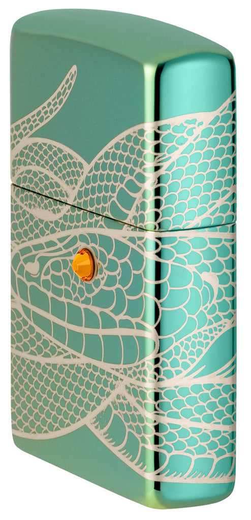 Angled shot of Snake Design High Polish Green Windproof Lighter, showing the back and hinge side of the lighter.