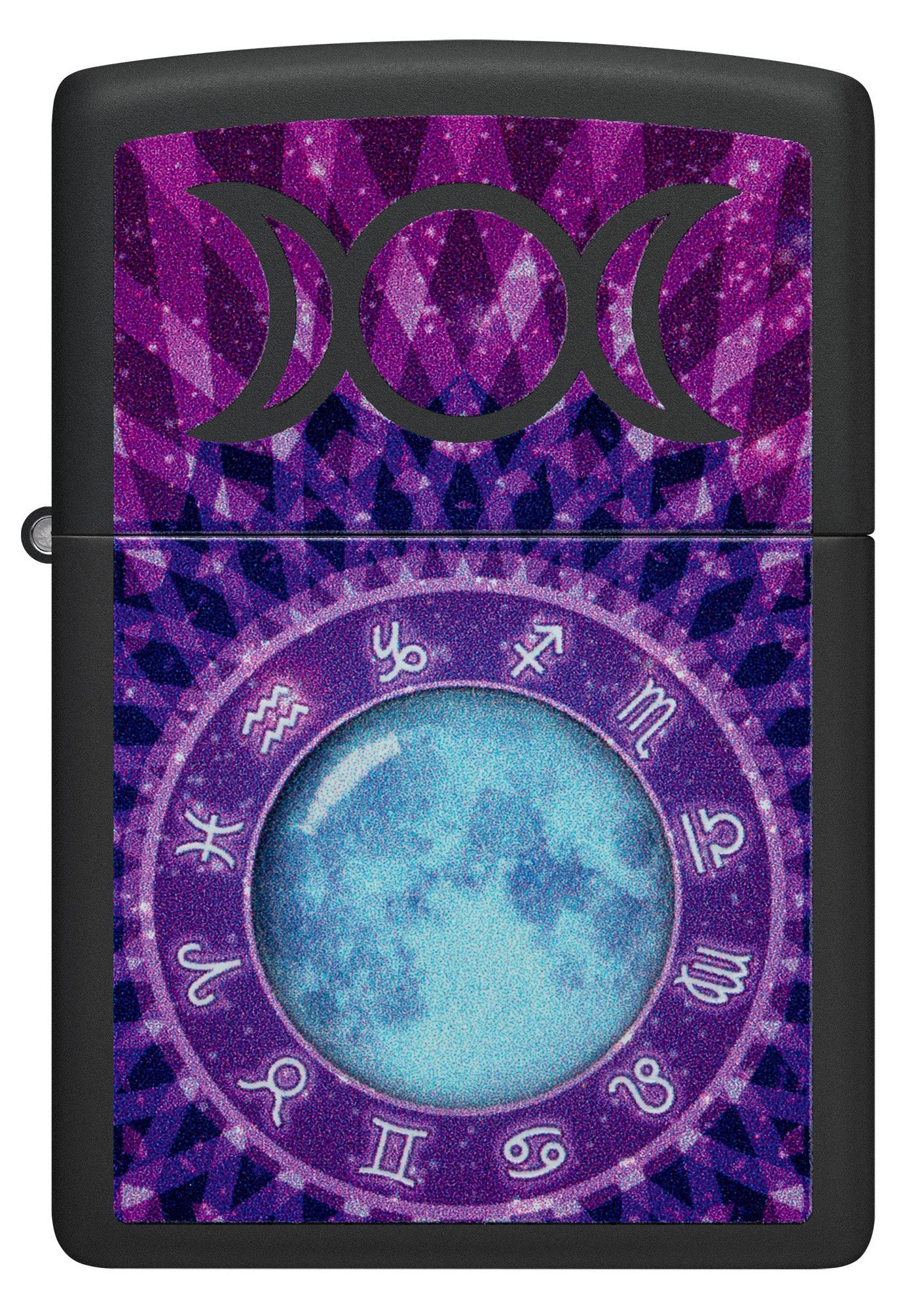 Front view of Glowing Zodiac Design Black Light Black Matte Windproof Lighter.