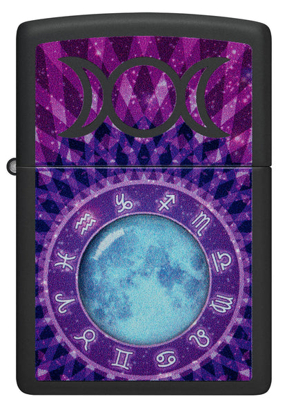 Front view of Glowing Zodiac Design Black Light Black Matte Windproof Lighter.