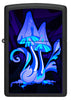 Front shot of Black Light Trippy Mushroom Black Matte Windproof Lighter, showing the black light glow.