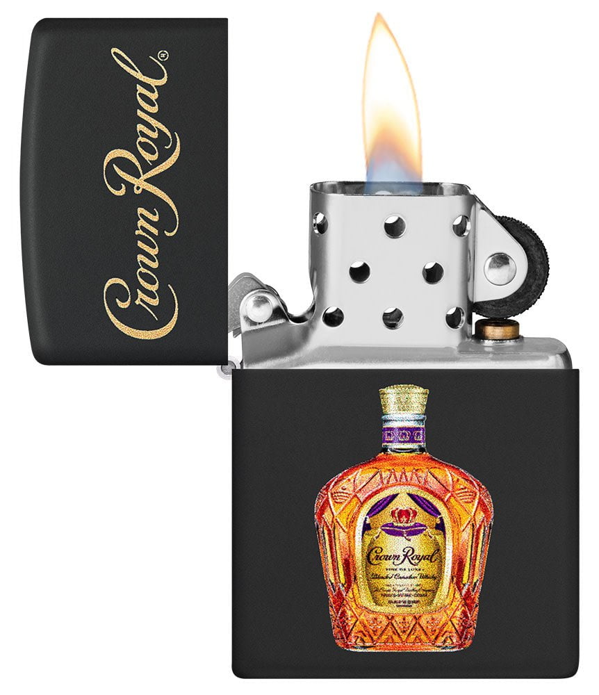 Zippo Crown Royal Logo and Bottle Black Matte Pocket Lighter with its lid open and lit.
