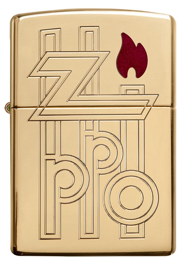 Front view of Armor® High Polished Brass Abstract Zippo Logo Windproof Lighter