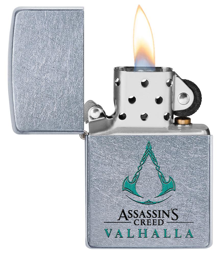 Assassin's Creed Valhalla pocket lighter open and lit showing the front of the lighter
