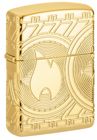 Front shot of Currency Design Armor® High Polish Gold Windproof Lighter standing at a 3/4 angle