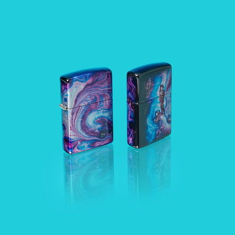 Glamour Shot of two Zippo Universe Astro Design 540 Fusion Windproof Lighters standing in a blue scene.