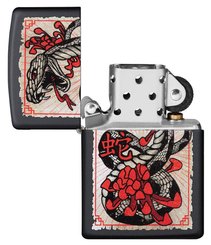 Snake Tattoo Black Matte Windproof Lighter with its lid open and unlit