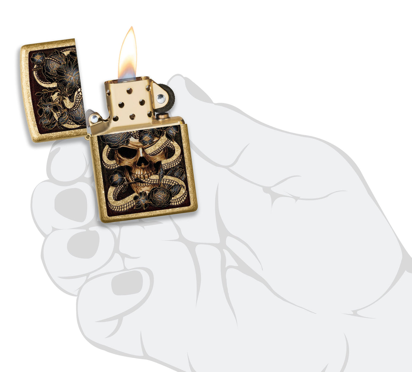Snake Bouquet Design Tumbled Brass Windproof Lighter lit in hand.